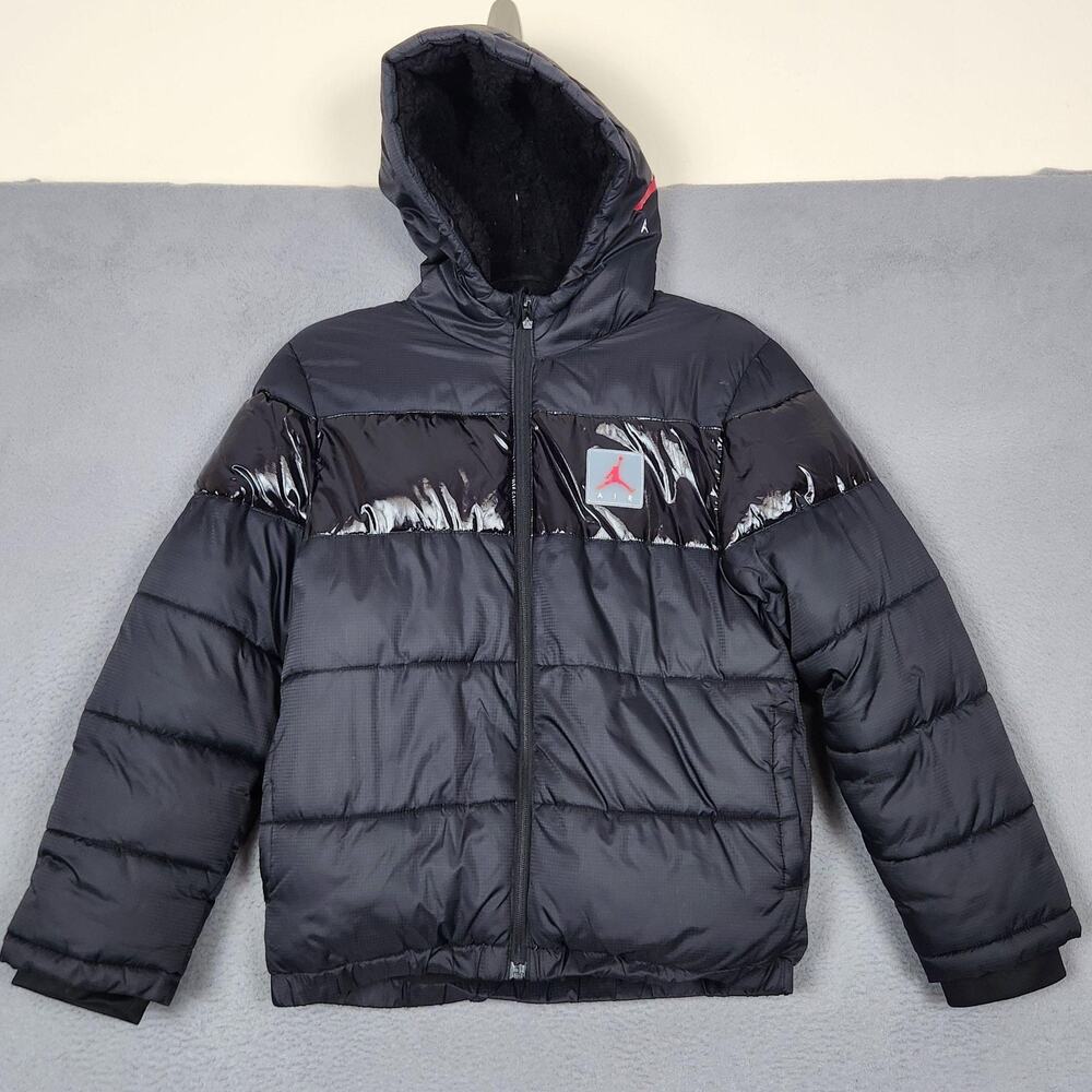 Jordan Puffer Jacket Kids Large 12-13 YRS Black Hooded Full Zip Air Logo Warm